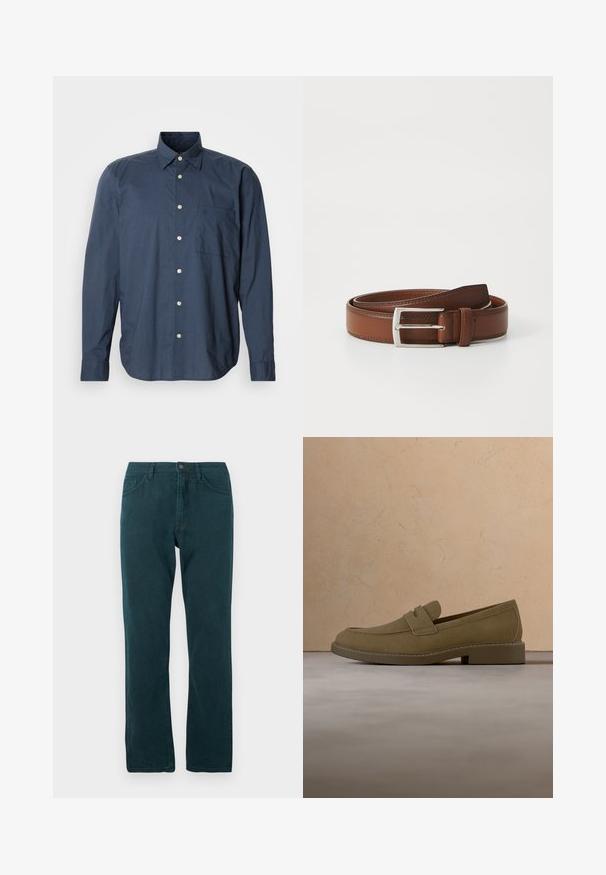 Chemise bleu marine à manches longues, à motif à petits carreaux, avec une poche poitrine unique et des boutons blancs sur fond uni.; Jean droit bleu canard avec fermeture à bouton et zip à l'avant, poches avant et arrière, présenté à plat sur fond blanc.; Mocassin en daim marron flottant au-dessus d'un tapis beige texturé dans un salon avec une table basse en bois et des livres empilés.; Ceinture en cuir brun au fini lisse, avec une boucle en métal argenté et une couture subtile le long des bords. Design classique et durable.