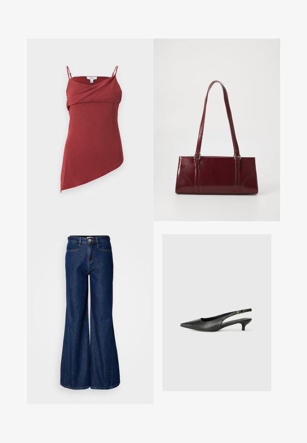 Haut sans manches rouge rouille texturé avec fines bretelles, ourlet asymétrique et encolure croisée drapée.; Jean en denim foncé à jambe large avec une taille haute, cinq poches et fermeture à bouton en métal. Texture lisse et détails de couture subtils.; Chaussure slingback noire à bout pointu en cuir lisse. Présente un talon fin et un détail de boucle sur la sangle réglable.; Sac à main bordeaux en matériau brillant, de forme rectangulaire, avec deux anses et des accents légèrement courbés à l'avant.