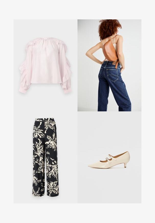 Rosa Bluse mit Rüschenschößchen und gerafftem Ausschnitt. Hergestellt aus leichtem Stoff, hat sie elastische Bündchen und eine lockere Passform.; Schwarzweite Hose aus einem schwarzen Stoff mit einem großen cremefarbenen Blumenmuster. Das Design umfasst eine hohe Taille und eine fließende Silhouette.; Beige Lackleder-Mary-Jane-Schuhe mit zwei verstellbaren Schnallen, spitzem Schuhkopf und niedrigem Absatz. Glatte Textur mit glänzendem Finish.; Brauner Leder-Rucksack mit einem einzigartig geschwungenen Design. Diagonal getragen, kombiniert mit hochgeschnittenen blauen Jeans aus Denim mit gelber Naht.