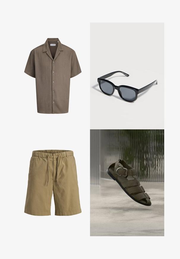 Chemise marron à manches courtes en maille côtelée avec boutons et col de style camp de Jack & Jones, présentée à plat sur fond blanc.; Shorts kaki longueur genou avec taille élastique, passants de ceinture, bouton à l’avant et cordon de serrage, présentés sur fond blanc.; Sandale en cuir marron avec plusieurs brides et une boucle argentée, présentée sur un fond en verre texturé flou sur un sol lisse.; Lunettes de soleil rectangulaires noires avec verres foncés et montures épaisses, posées sur une surface claire.