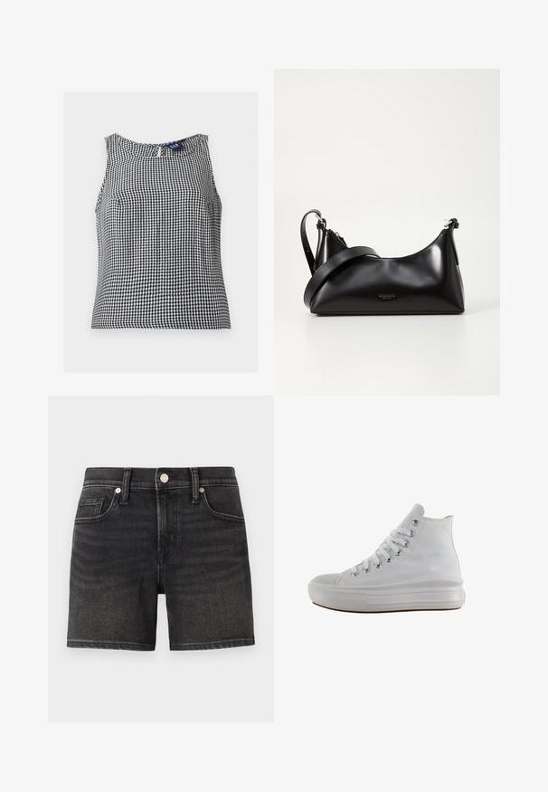 Ærmeløs sort og hvid gingham ternet top med rund halsudskæring og lille nøglehulslukning med knap bagpå.; Sorte denimshorts med et klassisk femlomme-design, der har en frontknaplukning og let falmning for tekstur.; Hvid højt canvas sneaksko med hvide snørebånd, metaløjer, tyk gummisål og tekstureret tåhætte, vendt mod venstre på en hvid baggrund.; Sort læderhåndtaske med en glat tekstur. Har en justerbar stropp og et enkelt, minimalistisk design med lynlås.