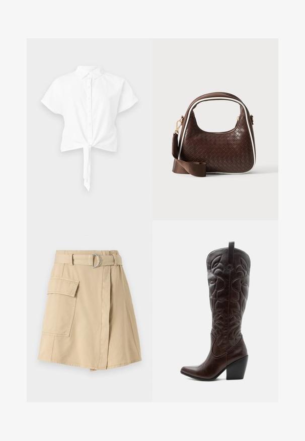 Chemise blanche en coton, courte et à manches courtes, avec un devant à boutons et une fermeture à nouer à l'ourlet. Texture lisse, col classique.; Jupe en coton beige avec une poche latérale, taille ceinturée avec un anneau argenté, et une légère silhouette en A. Texture lisse et design simple.; Botte de cowboy haute en cuir marron foncé avec motifs décoratifs cousus, bout pointu et talon bloc empilé.; Sac à main en cuir tressé marron avec passepoil blanc, fermeture éclair dorée et bandoulière amovible en tissu marron.
