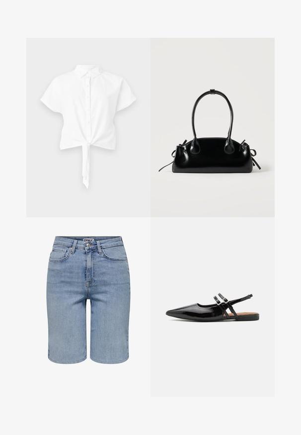 Chemise blanche en coton, courte et à manches courtes, avec un devant à boutons et une fermeture à nouer à l'ourlet. Texture lisse, col classique.; Shorts en denim bleu clair avec poches avant, passants pour ceinture, un bouton en métal et une braguette zippée.; Des chaussures slingbacks en cuir verni noir présentent un bout pointu, deux sangles avec des accents de boucle, et une semelle plate.; Petit sac à main noir brillant avec deux longues anses et des détails à cordon sur les côtés sur un fond clair uni.