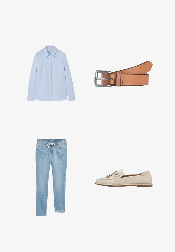 Lyseblå langærmet skjorte med klassisk krave, knaplukning foran og glat stofstruktur. Har manchetter med knap og en lige kant.; Lys blå denim jeans med lige pasform, elastisk snøre i taljen, opretstående nederste kant og forlommer. Designet med diskret slid.; Beige læderloafer med rund tå, der har en dekorativ kvast og cirkulært hardware samt en flad brun sål. Glat tekstur, enkelt design.; Pieces Bælter - cognac