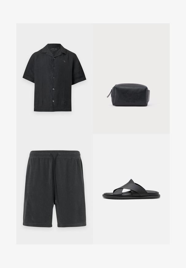Chemise noire à manches courtes avec boutons, col camp et petit logo brodé sur la poitrine gauche, présentée sur fond blanc.; Shorts gris foncé en matériau doux, avec une taille élastique et un cordon de serrage aux embouts argentés. Design simple sans poches.; Stuart Weitzman BERKLEY - Mules - black; Trousse de toilette rectangulaire en cuir noir avec fermeture éclair et nom de marque embossé sur le devant, sur fond blanc uni.
