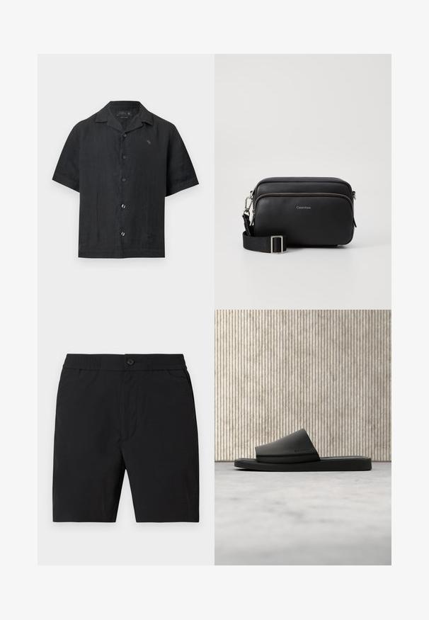 Chemise noire à manches courtes avec boutons, col camp et petit logo brodé sur la poitrine gauche, présentée sur fond blanc.; Shorts mi-longs pour hommes noirs avec taille élastique, fermeture par bouton et poches latérales, présentés sur un fond uni.; Sandale slide noire Calvin Klein reposant sur un tapis beige à côté d'une table ronde de couleur ambre, avec un mur en panneaux de bois en arrière-plan.; Sac en cuir noir à bandoulière avec deux compartiments zippés, finition texturée, sangle ajustable et accents en métal argenté. Logo Calvin Klein affiché.
