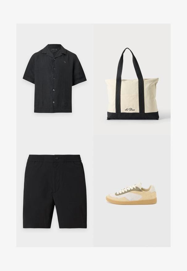 Chemise noire à manches courtes avec boutons, col camp et petit logo brodé sur la poitrine gauche, présentée sur fond blanc.; Shorts mi-longs pour hommes noirs avec taille élastique, fermeture par bouton et poches latérales, présentés sur un fond uni.; Baskets basses en daim beige, panneaux en maille blanche, accents olive, lacets blancs et semelle en caoutchouc naturel sur fond gris clair.; Sac fourre-tout en toile avec longues anses noires, bordure noire en bas et poche avant avec logo "Les Deux" en écriture noire.