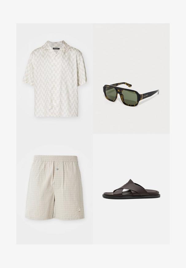 Chemise à manches courtes avec un motif géométrique crème et beige, tissu léger, col en V et cinq boutons sur le devant.; Shorts à carreaux beige clair avec une texture douce, ceinture élastique et broderie décorative d'oie blanche près de l'ourlet.; Stuart Weitzman BERKLEY - Mules - espresso; Lunettes de soleil en écaille de tortue avec des montures carrées, des verres verts et une finition brillante. Présente un logo sur le côté et des accents à motifs sur les branches.