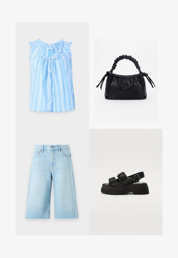 Blusa sin mangas azul claro con rayas blancas verticales, escote y mangas con volantes, botones delanteros y un pequeño lazo en el cuello.; Pantalones cortos de mezclilla azul claro con un ajuste holgado, dobladillo deshilachado, cinco bolsillos y herrajes metálicos. Diseño clásico de jeans con un ligero desvanecimiento.; Sandalias de plataforma negras con tres correas ajustables de hebilla, una suela texturizada y una parte superior suave. Diseñadas con una silueta robusta y gruesa.; Bolso negro con textura de cocodrilo, borde superior fruncido, asa recogida y cordones con borlas en cada lado sobre un fondo blanco.
