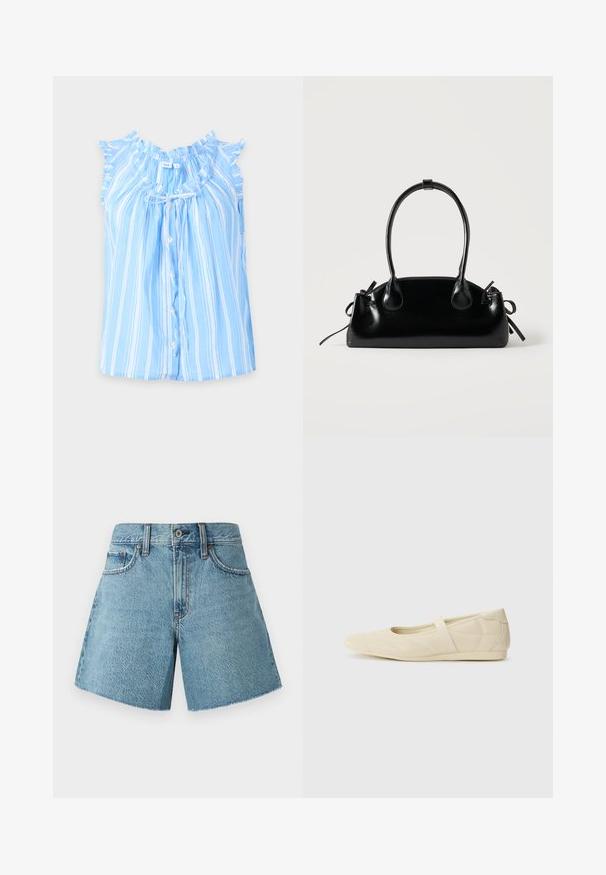 Lyseblå ærmeløs bluse med lodrette hvide striber, flæset halsudskæring og ærmer, knapper foran og et lille bånd ved kraven.; Denim shorts i lys blå, med høj talje, fem lommer og rå kant. Fremstillet af tekstureret bomuldsstof med et klassisk design.; Lysebrune ballet flats med en glat læderoverflade, mandelformet tå og elastisk rem over vristen, med diskrete syninger.; Lille sort blank håndtaske med to lange håndtag og snøre-detaljer i siden på en ensfarvet lys baggrund.