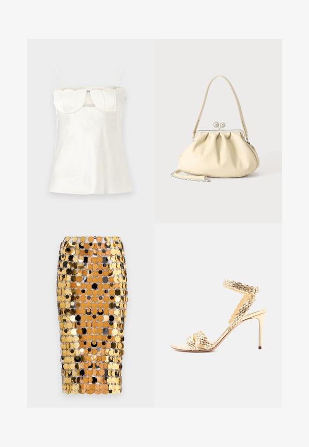 Hvid satin camisole med justerbare stropper, en struktureret, scalloped buste og en lige kant. Glat tekstur og minimalistisk design.; Rabanne Pencil skirt - brown/black; Guld højhælede sandal med teksturerede vævede remme, ankel spænde og slank stiletthæl på hvid baggrund.; Cremefarvet blødt læder håndtaske med indsamlet design, sølvramme-lukkemekanisme, kort hank og aftagelig kæderem.