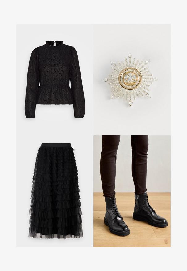 Pieces PCJANESSA - Longsleeve - black; Vero Moda VMNAJA Mid waist Long - Maxirok - black; Zwarte leren enkellaarsjes met brogue-details, een vetersluiting aan de voorkant, ritsen aan de zijkant en gestructureerde rubberen zolen. Gecombineerd met donkere slim-fit broek.; Gouden en zilveren broche in de vorm van een zonnestraal, met een centrale heldere edelsteen en stralende rijen van kleine heldere kristallen, met druppelaccenten.