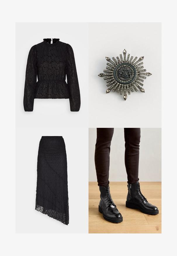 Pieces PCJANESSA - Top s dlhým rukávom - black; ONLY ONLKIM SLIT - Maxisukňa - black; Čierne kožené členkové topánky s brogue detailmi, s viazaním vpredu, bočnými zipsami a štruktúrovanými gumovými podrážkami. Kombinované s tmavými úzkymi nohavicami.; Hvězdičková brošňa v striebornom kovovom prevedení s čírymi rhinestone kamienkami. Centrálne dizajn obsahuje kruhový emblém s komplexnými detailmi.