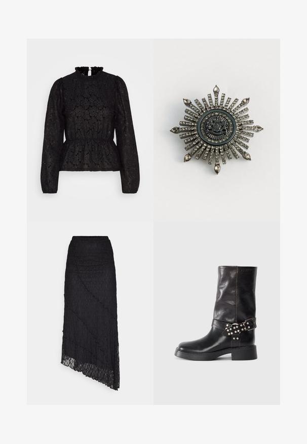 Pieces PCJANESSA - Longsleeve - black; ONLY ONLKIM SLIT - Maxirok - black; Zwarte leren enkelboot met een ronde neus, een stevige hak en een decoratieve gespsluiting met zilveren studs. Soepele textuur.; Stervormige broche van zilverkleurig metaal met transparante rhinestones. Het centrale ontwerp heeft een ronde embleem met complexe details.