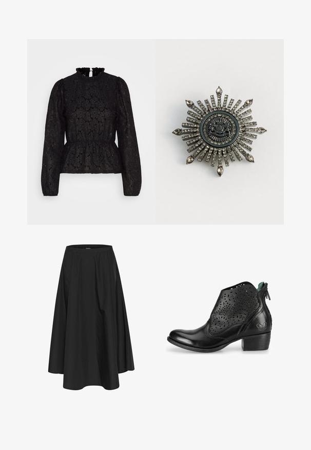 Pieces PCJANESSA - Camiseta de manga larga - black; Falda negra hasta la rodilla con cintura elástica, con pliegues para dar volumen y una textura suave. Diseño simple y clásico sin adornos.; Botín negro de cuero con un patrón floral recortado, punta redondeada, tacón corto y forro verde, que incluye una cremallera lateral para el cierre.; Broche en forma de estrella en metal de tono plateado con rhinestones transparentes. El diseño central presenta un emblema circular con un detallado intrincado.