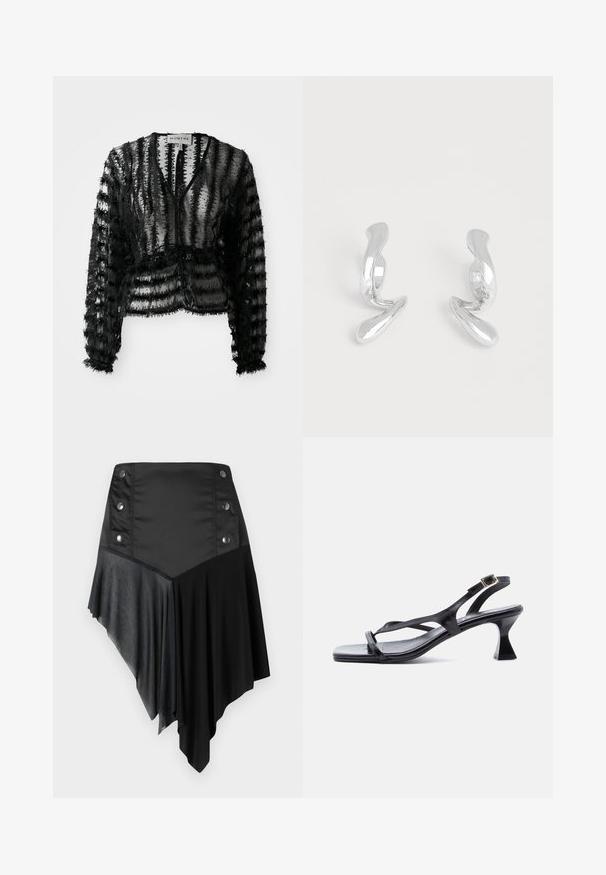 Zwarte doorzichtige cropped jack met lange mouwen, met textuur in verticale strepen en een trekkoord in de taille. Lichtgewicht met rafelige randen.; Zwarte asymmetrische rok met een mix van matte en textuurstoffen, voorzien van zilveren knoopdetails op de taille en een gelaagde zoomontwerp.; Zwarte lederen damessandaal met dunne riempjes, vierkante neus, verstelbare enkelgesp en uitgewerkte hak van gemiddelde hoogte.; Een paar glanzende zilveren oorbellen in abstracte metalen vorm op een effen witte achtergrond.