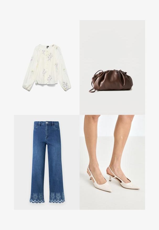 Hvid bluse med lange ærmer med blomstret broderi, knapper foran, rynket halsudskæring og bindebånd, lagt fladt på en hvid baggrund.; Blå denimjeans med høj talje og bølget blomstret blondeudsmykning langs de brede benkanter.; Beige patenterede læder slingback hæle med spids tå og 5 cm hæl, med udskårne sider og en tynd ankelrem.; Blød brun læderpung med samlet top og tynd strop, hvilende på hvid baggrund.