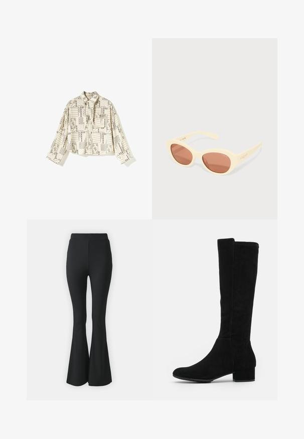 Blouse beige à manches longues avec motifs patchwork géométriques et floraux noirs, une poche avant et un détail de col noué.; Pantalons noirs évasés en tissu extensible. Présentent une taille haute et un design lisse et ajusté qui s'évase à partir du genou.; Bottes en suede noir jusqu'au genou avec un bout arrondi, un talon épais et un design sans coutures. Surface texturée avec des détails de couture minimalistes.; Lunettes de soleil avec une monture jaune pâle, verres ovales teintés de brun, et logo "vogue" imprimé sur les branches. Texture lisse, design contemporain.
