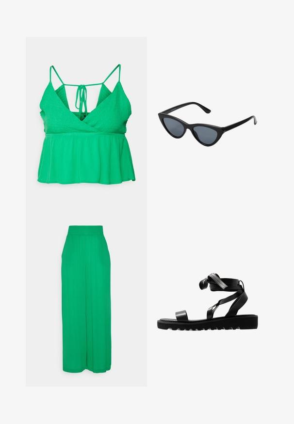 Vero Moda Petite VMMENNY SMOCK SINGLET - Débardeur - bright green; Pantalons larges verts à taille haute, confectionnés en tissu léger. Présentent des plis sur le devant pour un effet drapé.; Sandales noires avec une semelle texturée, dotées de fines lanières et d'un motif noué. Fabriquées dans un matériau lisse, avec une forme moderne et un bout ouvert.; Lunettes de soleil noires en forme d'œil de chat avec des verres gris foncé, monture en plastique élégante, coins pointus et branches droites. Pas de métal visible ni d'accents.