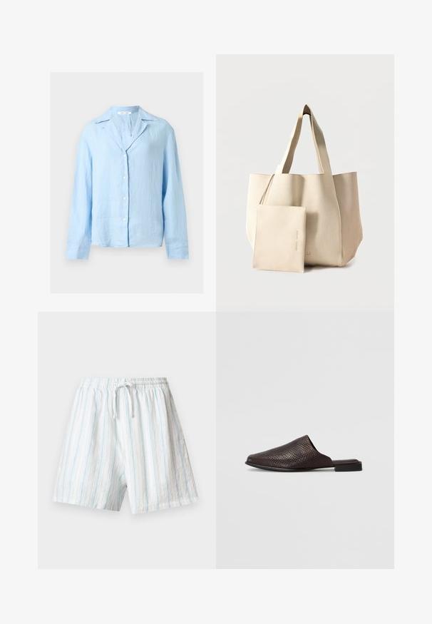 Camisa de manga larga azul claro con botones y cuello, hecha de tela ligera, mostrada sobre un fondo blanco liso.; Pantalones cortos blancos con rayas verticales azul claro, cintura elástica y cordón delantero, mostrados sobre un fondo liso y claro.; Mule negro sin cierres hecho de material texturizado con un patrón de reptil, que presenta un tacón bajo y plano y un diseño de punta redondeada y abierta.; Bolso tote grande beige con textura acanalada y bolsa desmontable a juego con cremallera en la parte delantera sobre un fondo liso.