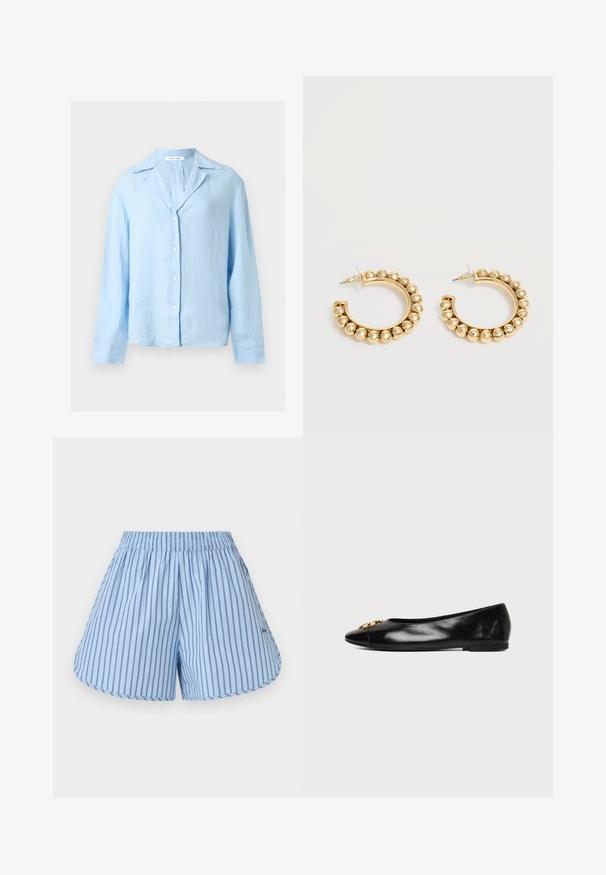 Chemise bleu clair à manches longues avec col et boutons, fabriquée en tissu léger, présentée sur un fond blanc uni.; Short bleu clair avec fines rayures noires verticales, taille élastique et ourlets arrondis.; Chaussure plate en cuir noir avec un bout pointu et un emblème décoratif doré sur fond blanc uni.; Paire de boucles d’oreilles créoles dorées avec des détails de perles arrondies le long du bord extérieur sur un fond clair.