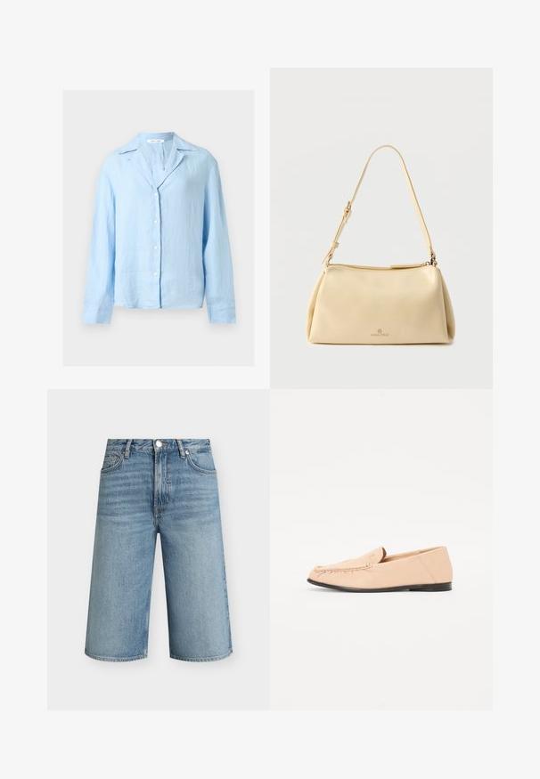 Chemise bleu clair à manches longues avec col et boutons, fabriquée en tissu léger, présentée sur un fond blanc uni.; Shorts en denim bleu clair longueur genou avec fermeture avant à bouton et zip, passants de ceinture et poches avant, présentés sur un fond uni.; Mocassins en cuir beige avec des détails brodés, une semelle noire plate et un bout arrondi. Design minimaliste sans quincaillerie ou accents visibles.; Sac bandoulière rectangulaire beige avec sangle réglable et fermeture éclair, comportant un petit logo "Anna Field" au centre avant.