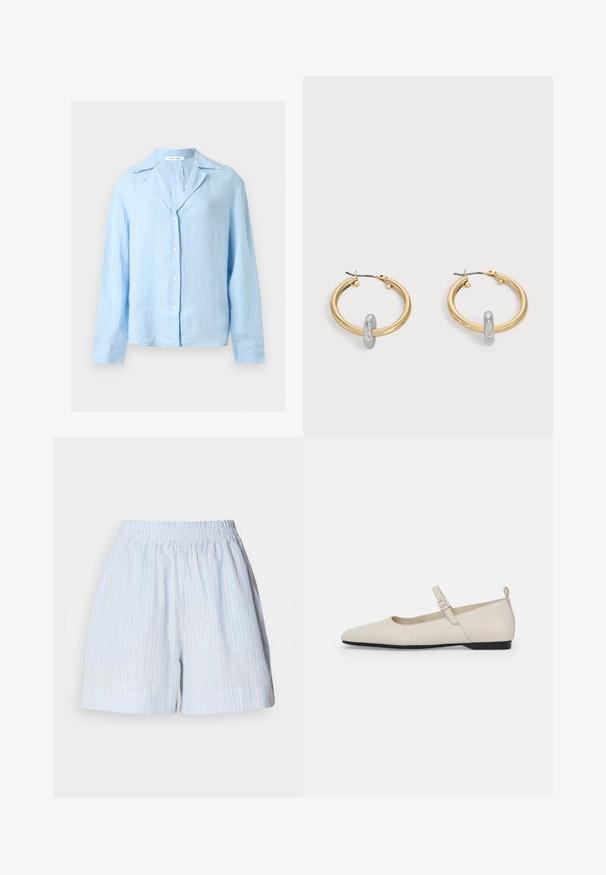 Chemise bleu clair à manches longues avec col et boutons, fabriquée en tissu léger, présentée sur un fond blanc uni.; Shorts bleu clair avec des rayures verticales blanches et bleu foncé. Dotés d'une taille élastique et d'une coupe décontractée. Fabriqués en un matériau doux.; Ballerines en cuir blanc avec bout pointu, bride à la cheville et petit talon noir. Texture lisse avec des accents minimaux.; Paire de boucles d'oreilles créoles dorées avec un petit détail boucle ton argent sur chaque, exposées sur fond gris clair.