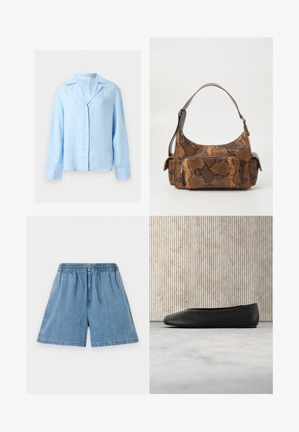 Hellblaues langärmeliges Hemd mit Knöpfen und Kragen, aus leichtem Stoff, vor weißem Hintergrund gezeigt.; Jeansshorts in Hellblau mit einem elastischen Bund und Kordelzug. Sie verfügen über Seitentaschen und eine lockere Passform mit genähten Säumen.; Schwarze Leder-Ballerinas mit runder Zehenpartie, glatter Textur und einem goldenen Logo-Akzent an der Seite. Positioniert über einer reflektierenden Oberfläche.; Braune Handtasche mit Schlangenprint, strukturierten Oberflächen, geschwungenem Design, einem Schultergurt und einer vorderen Reißverschlusstasche.