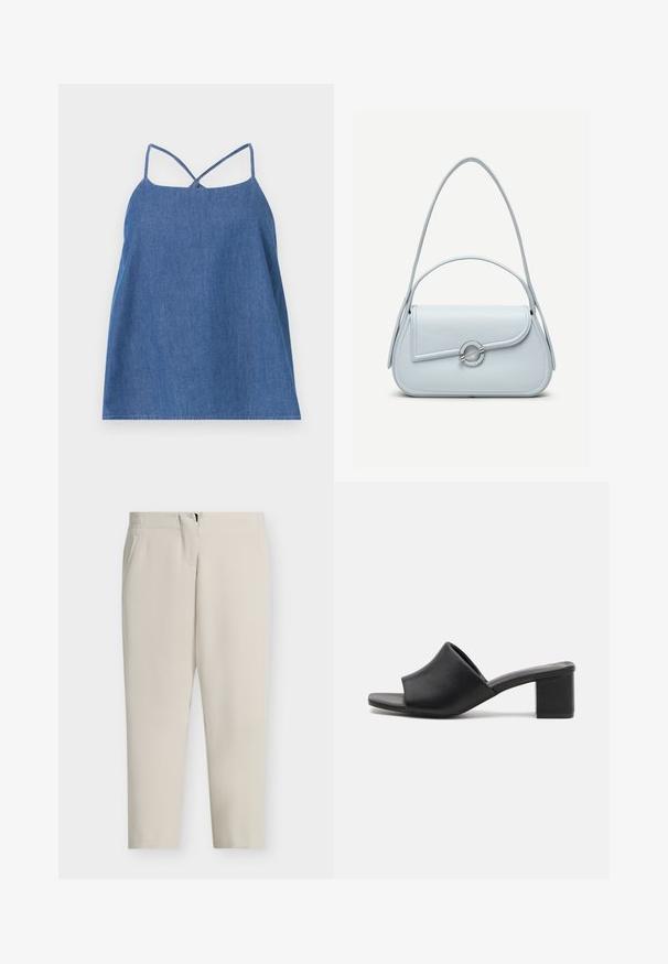 Top sans manches en denim bleu foncé. Doté de fines bretelles, d'une coupe décontractée et d'un ourlet droit. Texture lisse avec un léger éclat.; Pantalon beige sur mesure avec une coupe droite, poches latérales et fermeture éclair frontale. Tissu lisse avec un design épuré et minimaliste.; Mules à talons carrés en cuir noir avec un bout ouvert, présentant une surface lisse et un upper légèrement courbé pour le confort et le style.; Sac à main en cuir bleu clair avec rabat arrondi, fermoir circulaire argenté et deux bretelles d'épaule sur un fond uni.