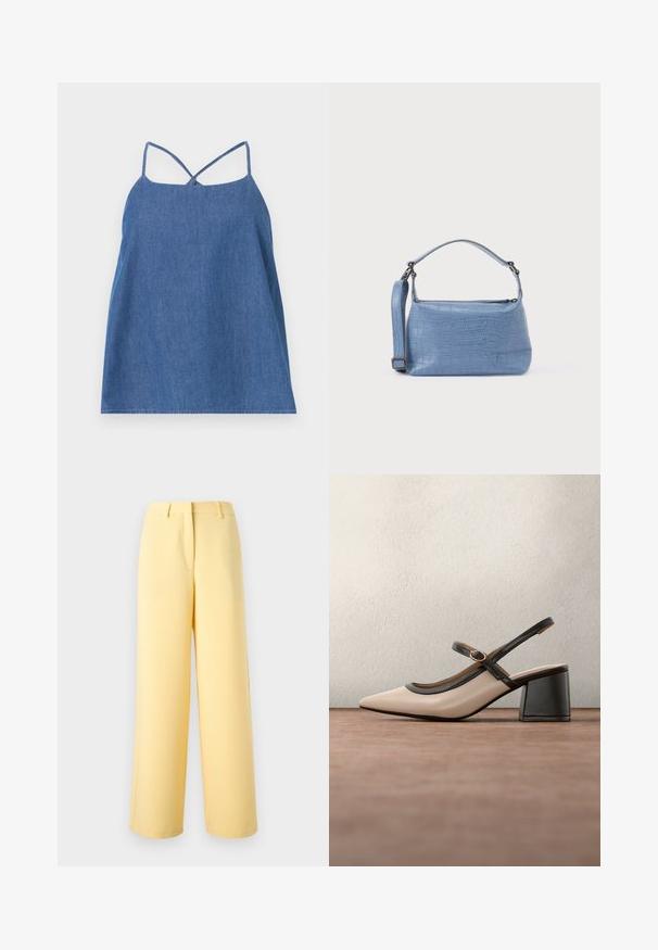 Top sans manches en denim bleu foncé. Doté de fines bretelles, d'une coupe décontractée et d'un ourlet droit. Texture lisse avec un léger éclat.; Pantalon jaune taille haute à jambes larges avec passants de ceinture, couture avant et fermeture avant dissimulée sur un fond uni clair.; Chaussure beige à talons hauts avec bride arrière, bout pointu, bordure noire et détail boucle. Matériau lisse à finition mate, talon moyen épais.; Sac à main bleu clair embossé façon crocodile avec une poignée courte et une bandoulière amovible. Texture lisse avec une fermeture éclair.