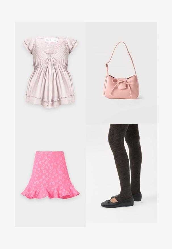 Mono corto de manga corta color rosa claro con cuerpo fruncido, adorno de encaje, lazo delantero y dobladillo con volantes de Hollister en talla pequeña.; Falda rosa de corte acampanado que presenta patrones florales en relieve, un dobladillo con volantes y una textura suave. Longitud por encima de la rodilla con una cinturilla ajustada.; Piernas con leggings oscuros acanalados combinados con bailarinas negras que presentan pequeños detalles de lazo sobre un fondo blanco.; Bolso pequeño de hombro color rosa pastel con correa ajustable y detalle de lazo en el frente con extremos dorados sobre un fondo liso.