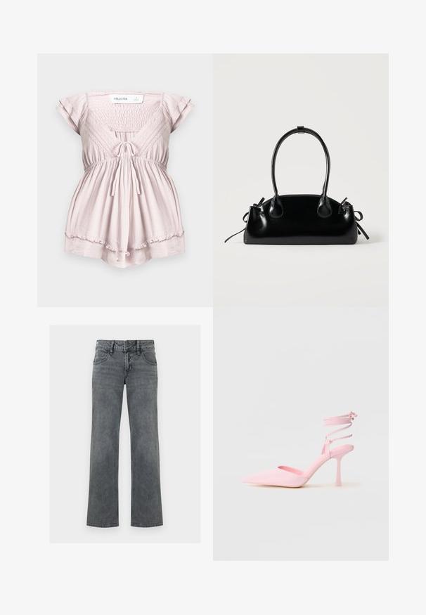Mono corto de manga corta color rosa claro con cuerpo fruncido, adorno de encaje, lazo delantero y dobladillo con volantes de Hollister en talla pequeña.; Jeans de mezclilla gris de pierna recta con botón frontal, cremallera y diseño de cinco bolsillos, exhibidos contra un fondo blanco.; Zapatos de tacón alto rosas con punta afilada, acabado satinado y tira en el tobillo con detalles entrecruzados. Silueta elegante y tacón fino.; Pequeño bolso negro brillante con dos asas largas y detalles de cordón lateral sobre un fondo claro liso.
