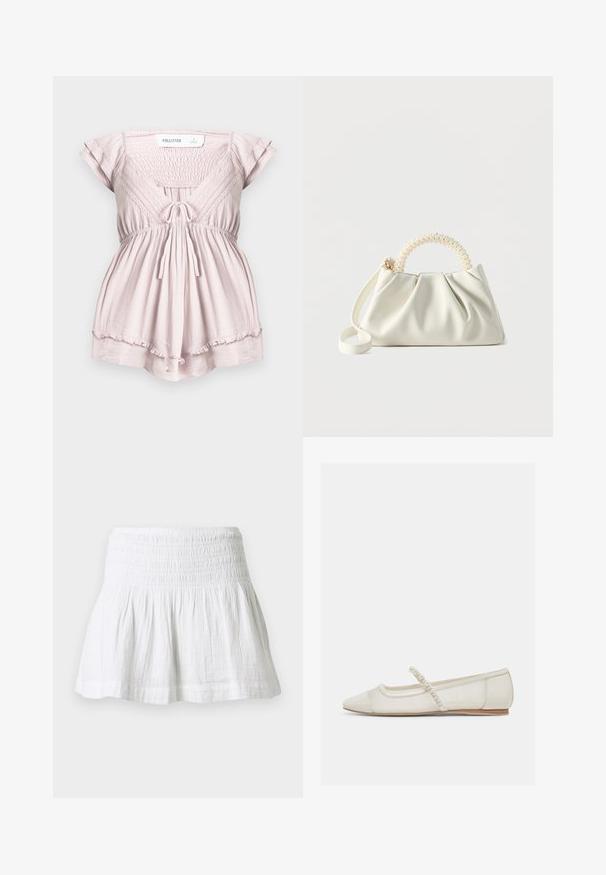 Combi-short rose clair à manches courtes avec corsage froncé, bordure en dentelle, lien à nouer devant, et ourlet à volants de Hollister en taille small.; Mini-jupe en coton blanc avec taille élastiquée smockée et ourlet évasé froncé sur fond uni.; Chaussure plate ivoire à bout pointu avec bride ornée de perles et petit talon en bois, vue de côté sur un fond clair.; Petit sac à main blanc avec un corps froncé, une poignée ronde ornée de perles et une bandoulière amovible sur un fond uni.