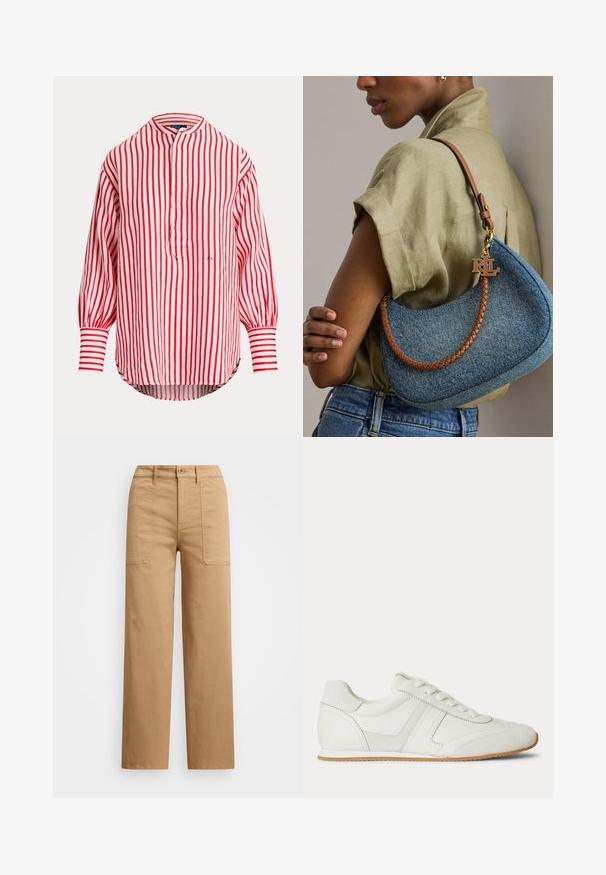 Camisa de manga larga con rayas verticales rojas y blancas, tapeta media abotonada, cuello mao y puños anchos con rayas horizontales.; Pantalones de algodón beige con pierna recta, que cuentan con un cierre de botón, bolsillos frontales y detalles de costura visibles.; Zapatilla blanca de corte bajo con cordones en la parte frontal, paneles de ante y cuero, y una suela de goma marrón claro sobre un fondo blanco.; Mujer con camisa beige y vaqueros azules que sostiene un bolso azul de denim con correa trenzada marrón y charm dorado con el logo RLL.