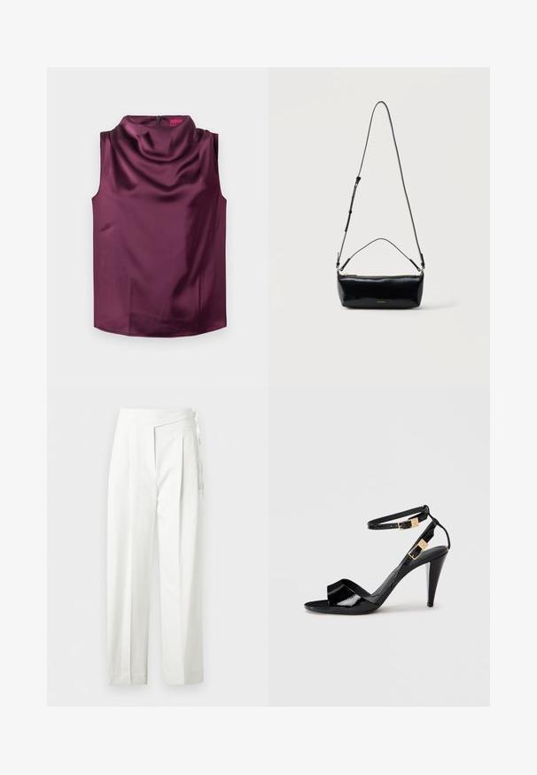 Haut sans manches bordeaux en satin lisse avec un décolleté en cowl et une fermeture éclair dissimulée au dos. Ourlet plat, sans motifs visibles.; Pantalon blanc taille haute avec plis et détail de nœud sur le côté, coupe droite et fermeture cachée.; Sandale à talon haut en cuir verni noir avec double bride de cheville et boucles dorées, bout ouvert, et talon effilé sur fond neutre.; Sac bandoulière rectangulaire en cuir noir avec bandoulière ajustable, fermeture éclair sur le dessus et petit logo Calvin Klein doré sur le devant.