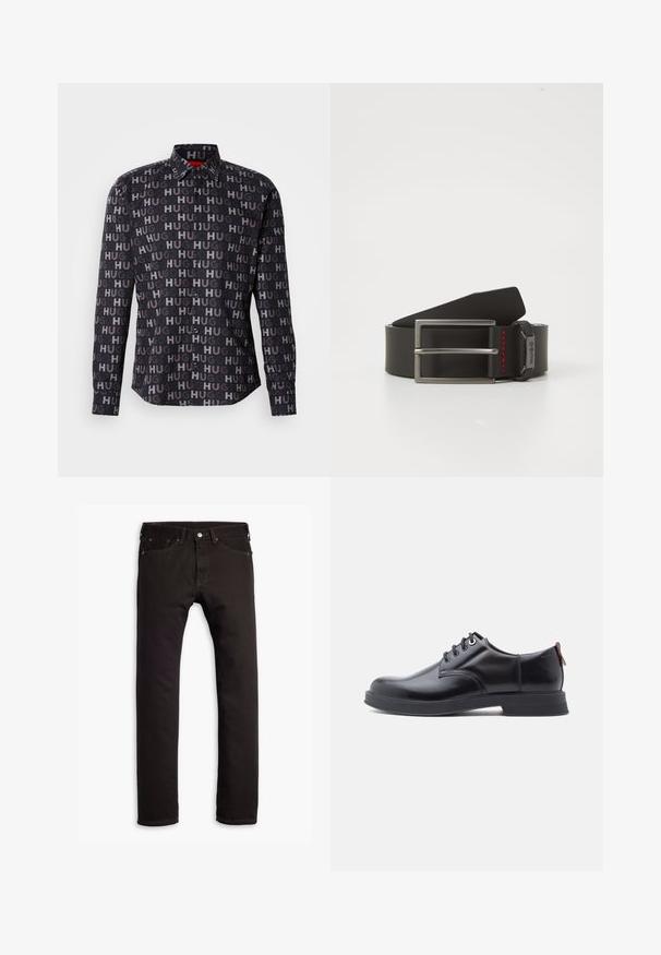 Sort skjorte med knapper og gentaget "HUG" tekst i forskellige nuancer. Har krave, lange ærmer og sorte knapper. Glat tekstur.; Sorte slim-fit jeans med fem lommer og knaplukning, præsenteret fladt på en hvid baggrund.; Sorte snørestøvler i læder med glat tekstur, rundet tå og diskrete syningsdetaljer. Har en rød trækflig på hælen.; Sort læderbælte med en sølvfarvet metalspænde og en rød accentstikning. Bæltet har en glat finish og en rektangulær form.