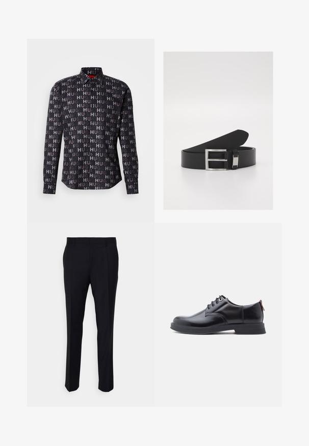 Zwart button-up shirt met herhaalde "HUG" tekst in verschillende tinten. Heeft een kraag, lange mouwen en zwarte knopen. Glad textuur.; Zwarte broeken gemaakt van geweven stof, met een getailleerde pasvorm, een vlakke voorkant, zijzakken en een rechte pijpdesign.; Zwarte leren veter schoenen met een gladde textuur, ronde neus en subtiel stiksel detail. Voorzien van een rode trekband op de hiel.; Zwarte leren riem met een slanke, gladde textuur, voorzien van een zilveren metalen gesp en subtiele brandingdetails.