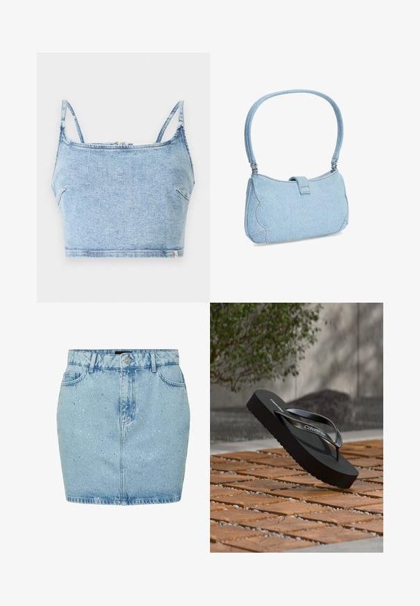 Top corto de mezclilla azul claro con tirantes finos ajustables, cuenta con un cierre de cremallera frontal y una textura suave, diseñado para un ajuste ceñido.; Minifalda de mezclilla azul claro con corte recto, que presenta adornos metálicos plateados y un diseño clásico de cinco bolsillos.; Chancla de plataforma negra de Calvin Klein con correas brillantes, descansando sobre una loseta de madera y un suelo exterior de guijarros cerca de un arbusto verde.; Bolso pequeño de hombro de denim azul claro con detalles laterales ondulados y una sola correa, asegurado con un cierre de lengüeta en la parte superior central.