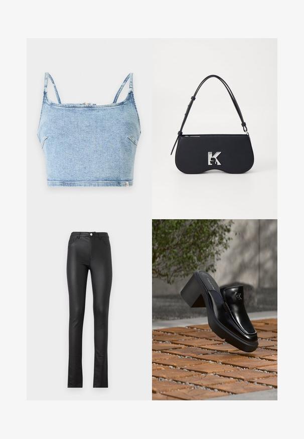 Top corto de mezclilla azul claro con tirantes finos ajustables, cuenta con un cierre de cremallera frontal y una textura suave, diseñado para un ajuste ceñido.; Pantalones de imitación cuero negros con un ajuste slim, que cuentan con un cierre de botón en el frente, dos bolsillos delanteros y un dobladillo ligeramente acampanado en la parte inferior.; Mule tipo slip-on de cuero negro de Calvin Klein con tacón de bloque descansando sobre baldosas de madera al aire libre cerca de una planta verde y una pared gris.; Bolso negro con forma curva, material texturizado, logotipo plateado y una correa delgada. Cierre superior con cremallera y características de diseño minimalista.