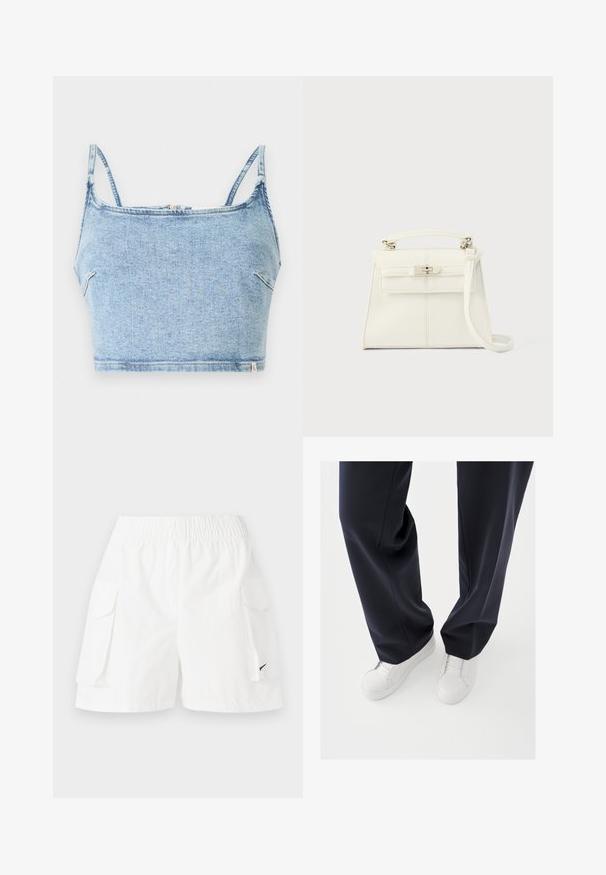 Ανοιχτό μπλε τζιν μ crop top με λεπτές ρυθμιζόμενες τιράντες, που διαθέτει μπροστινό φερμουάρ και ομαλή υφή, σχεδιασμένο για εφαρμοσμένο στυλ.; Λευκά σορτς cargo με ελαστική μέση, δύο πλαϊνές τσέπες και ένα μικρό μαύρο λογότυπο στη χαμηλή πλευρά. Ελαφρύ ύφασμα, χαλαρός σχεδιασμός.; Λευκά αθλητικά παπούτσια με υφασμένα λαστιχένια πέλματα και επίπεδα κορδόνια, συνδυασμένα με σκούρα ναυτικά παντελόνια που εμφανίζουν χαλαρό, λείο ύφασμα και ραμμένη εφαρμογή.; Λευκή δερμάτινη τσάντα χειρός με δομημένο σχήμα, εσωτερική χειρολαβή, αποσπώμενο ιμάντα ώμου και ασημένιο κούμπωμα. Ομαλή υφή, μινιμαλιστικός σχεδιασμός.