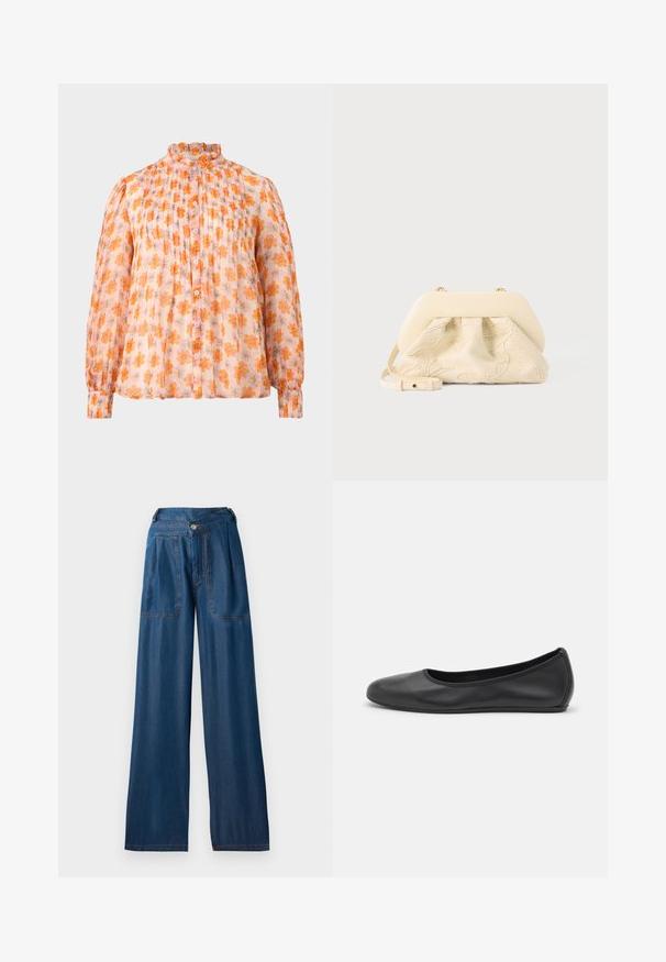 Blouse met lange mouwen en knopen, met een gerimpelde kraag, gemaakt van doorschijnende roze stof met een patroon van oranje bloemenprints.; Donkerblauwe wijde jeans van denim, met twee voorzakken, een knoopsluiting en contrasterende oranje stiksels.; Zwarte leren ballerina met een ronde neus, gladde textuur, minimale stikdetails en een flexibele zoolontwerp.; Crèmekleurige stoffen handtas met bloemrijke borduursels, zachte afgeronde bovenkant en verstelbare band, plat gelegd op een lichtgrijze achtergrond.