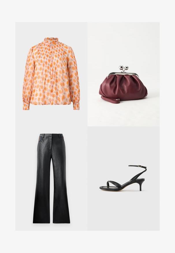 Blouse à manches longues avec boutons, col à volants, en tissu rose translucide orné de motifs floraux orange.; Pantalon évasé en cuir noir avec une texture lisse, comportant deux poches avant avec des accents noirs et marron près de la taille.; Sandale pour femme en cuir noir avec fines lanières, une boucle d'orteil, une boucle à la cheville et un talon aiguille de hauteur moyenne sur un fond neutre.; Petit sac pochette en cuir bordeaux avec fermoir métallique argenté et bracelet sur fond blanc.