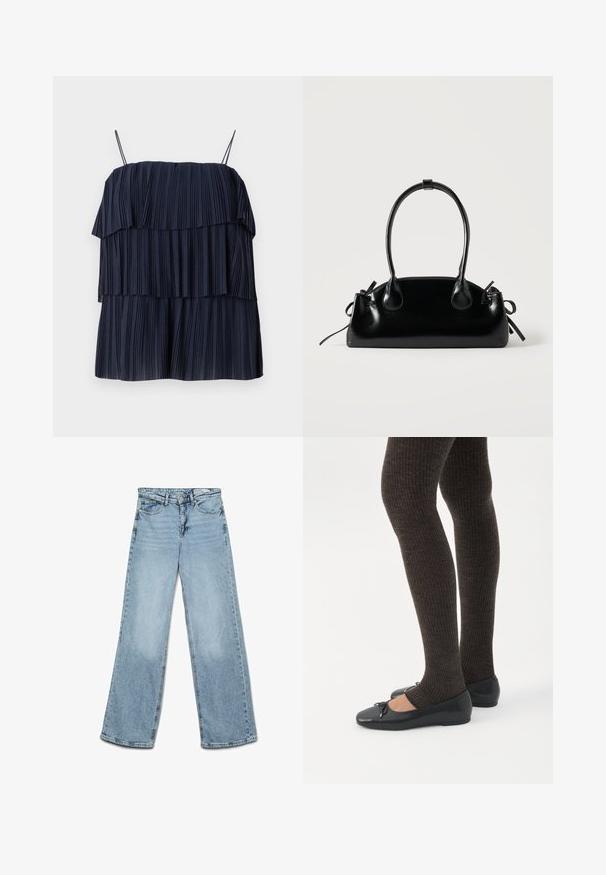Marineblå plisseret top med lagdelt design, tynde stropper og blød tekstur. Hvert lag har lodrette plisseringer, der skaber dybde og bevægelse.; Lyseblå højtaljede jeans med vide ben, knap- og lynlås-lukning, for- og baglommer samt bæltestropper.; Ben iført mørke ribbede leggings kombineret med sorte balletsko med små sløjfedetaljer på hvid baggrund.; Lille sort blank håndtaske med to lange håndtag og snøre-detaljer i siden på en ensfarvet lys baggrund.
