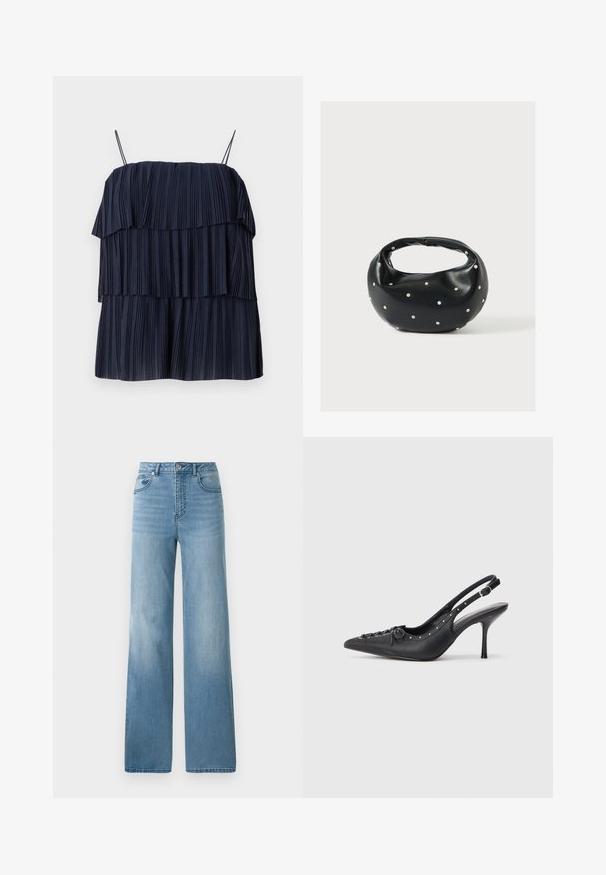 Marineblaues, plissiertes Oberteil mit geschichteter Gestaltung, dünnen Trägern und weicher Textur. Jede Schicht weist vertikale Falten auf, die Tiefe und Bewegung erzeugen.; Helleblaue hochtaillierte Jeans mit geradem Bein. Aus Denim gefertigt, mit fünf Taschen und einem Knopfverschluss.; Schwarzer Leder-Slingback-Stiletto mit spitzem Zehenaufsatz, seitlichem Schnallenriemen, Nieten entlang der Kante und dekorativer Schnürung vorne.; Schwarze Lederhandtasche mit abgerundeter Form, verziert mit silbernen Nietenakzenten und kurzem Griff. Glatte Struktur und Reißverschlussverschluss.