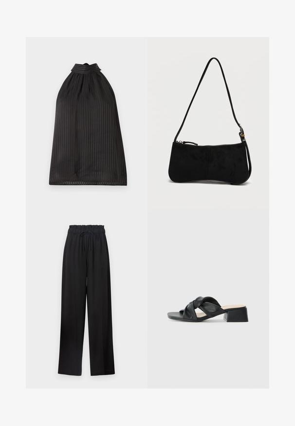 Schwarzes Neckholder-Top mit vertikalen Streifen, das einen hohen Kragen und gerafften Stoff aufweist. Das Material wirkt leicht und leicht durchsichtig.; Schwarze weite Hose mit einem elastischen Bund und Kordelzug. Hergestellt aus einem glatten Stoff ohne sichtbare Muster oder Beschläge.; Schwarze Ledersandale mit einem gedrehten Oberdesign, quadratischer Zehenpartie und einem niedrigen Blockabsatz, ausgestattet mit einer glatten Textur und minimalistischen Stil.; Schwarze Wildleder-Schultertasche mit Reißverschluss und einem dünnen, verstellbaren Riemen vor weißem Hintergrund.