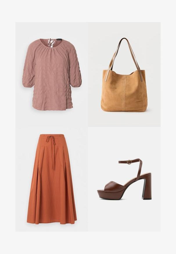Blouse rose texturée avec un col froncé, des manches longues bouffantes et un détail noué dans le dos. Présente un motif froissé et une coupe ample.; Jupe longue terracotta avec plis sur le devant et cordon à la taille, présentée sur un fond uni.; Sandale à plateforme en cuir marron avec talon haut et épais, bout ouvert et bride de cheville ajustable avec boucle dorée, vue de côté.; Sac fourre-tout en daim beige avec de longues anses en cuir marron clair, texture douce et couture simple sur un fond blanc uni.