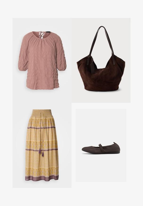 Rosa tekstureret bluse med en samlet halsudskæring, lange puffærmer og en knyttet detalje bagpå. Har et krøllet mønster og løs pasform.; Gul maxi-nederdel med smock-liv, blomster- og geometriske mønstre i hvid og lilla, med to lilla kvaster ved livet.; Brun balletsko med elastisk rem og rundet tå, vist mod en hvid baggrund, sideudsigt.; Brun ruskind taske med en blød, slouchy form. Har læderhåndtag og et tag-accent. Enkelt tekstur med buede sømme.
