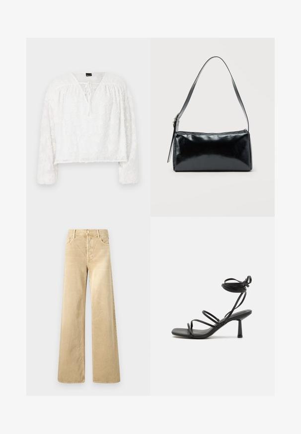 Blouse blanche courte avec manches longues, design floral en dentelle texturée, décolleté en V et détail de lien à l'avant. Matériau doux et transparent.; Pantalon ample en velours côtelé beige avec une texture lisse, doté d'une fermeture à boutons et d'un design classique à cinq poches.; Sandale noire à lanières avec un bout carré, des liens de cheville réglables et un talon carré fin. Fabriquée en un matériau lisse et durable.; Sac d'épaule rectangulaire noir avec une sangle réglable unique et une fermeture éclair supérieure sur un fond uni.