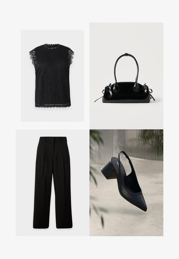 Schwarze Spitzenbluse mit kurzen Ärmeln, geschwungenen Rändern, hohem Kragen und aufwändigen Blumenmustern, abgebildet auf neutralem Hintergrund.; Schwarze, weit geschnittene Hose mit hoher Taille, Gürtelschlaufen und vorderen Falten, flach auf weißem Hintergrund liegend.; Schwarze Leder-Slingback-Pumps mit spitzem Zehenbereich und Blockabsatz. Glatte Textur, minimalistisches Design und verstellbarer Knöchelriemen.; Kleine schwarze glänzende Handtasche mit zwei langen Griffen und seitlichen Kordelzug-Details vor einfachem hellem Hintergrund.