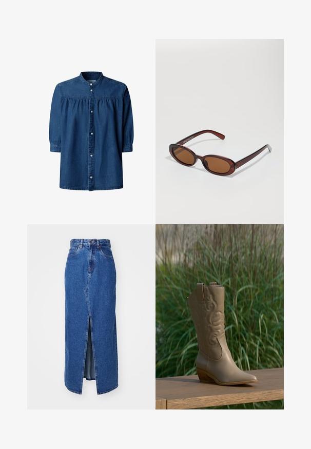 Donkerblauwe denimblouse met lange mouwen, geplooide inzet, mandarijnkraag en knoopsluiting aan de voorkant.; Denim maxi rok in medium blauw met een voorste split, hoge taille en klassiek vijf-pocket ontwerp. Geweldige contraststiksels en een ritsluiting.; Tan leren cowboylaars met geborduurd ontwerp en houten hak, geplaatst op een houten oppervlak tegen een achtergrond van een groene plant.; Ronde, bruin getinte zonnebril met een glanzend bordeauxrood frame. Slanke pootjes met subtiele merkdetails. Vlakke lensontwerp.